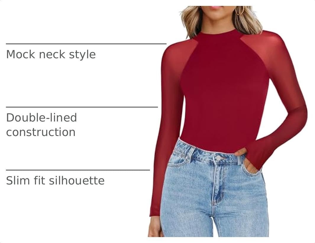 image:imageZeagoo Long Sleeve Shirts for Women Sheer Mesh Top Mock Neck Fitted BlousesRed
