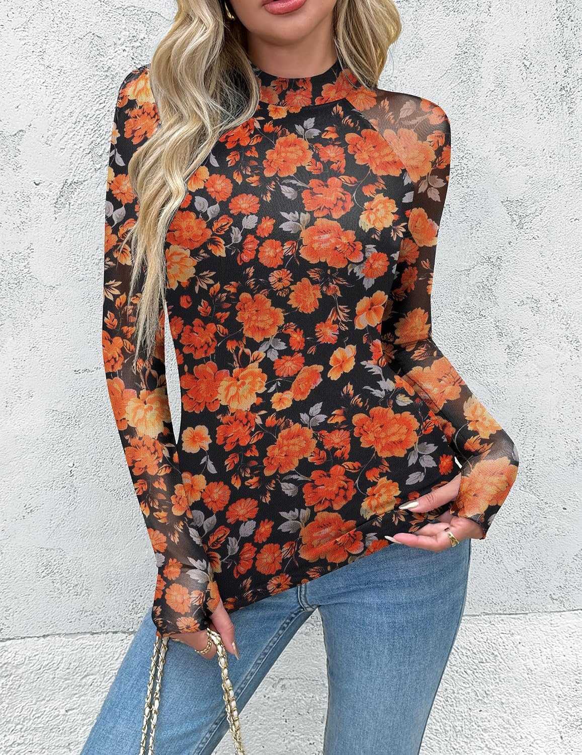 image:imageZeagoo Long Sleeve Shirts for Women Sheer Mesh Top Mock Neck Fitted BlousesWf75