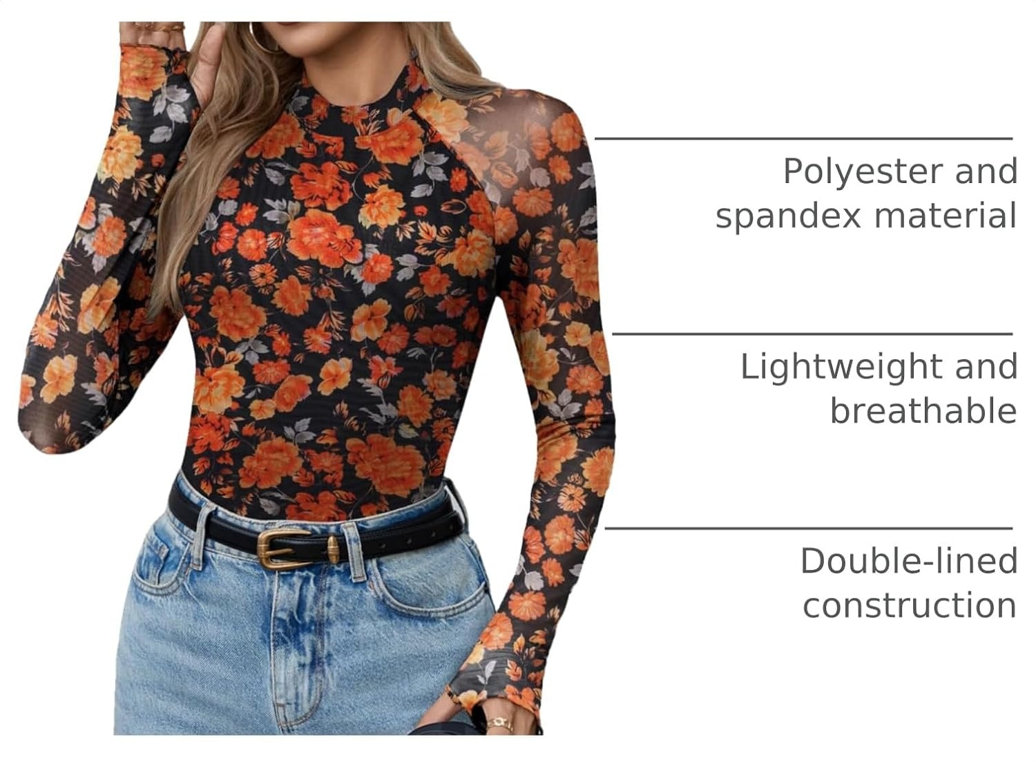 image:imageZeagoo Long Sleeve Shirts for Women Sheer Mesh Top Mock Neck Fitted BlousesWf75