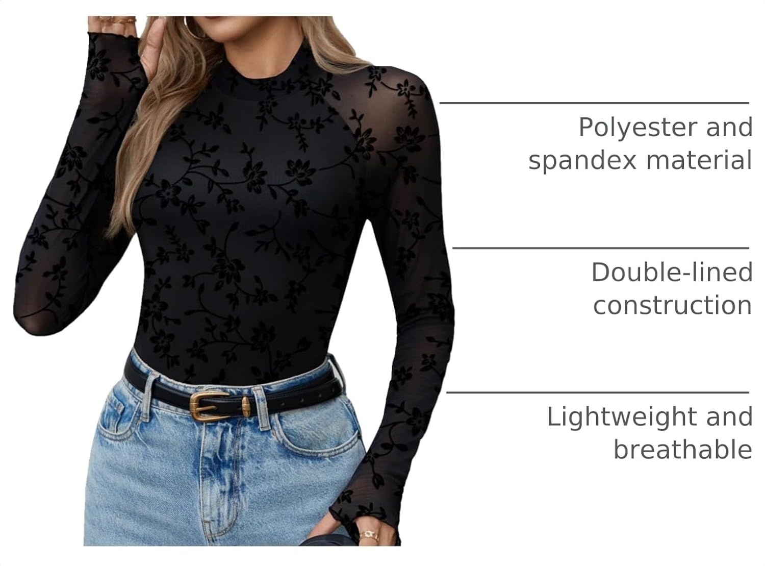 image:imageZeagoo Long Sleeve Shirts for Women Sheer Mesh Top Mock Neck Fitted BlousesZw781