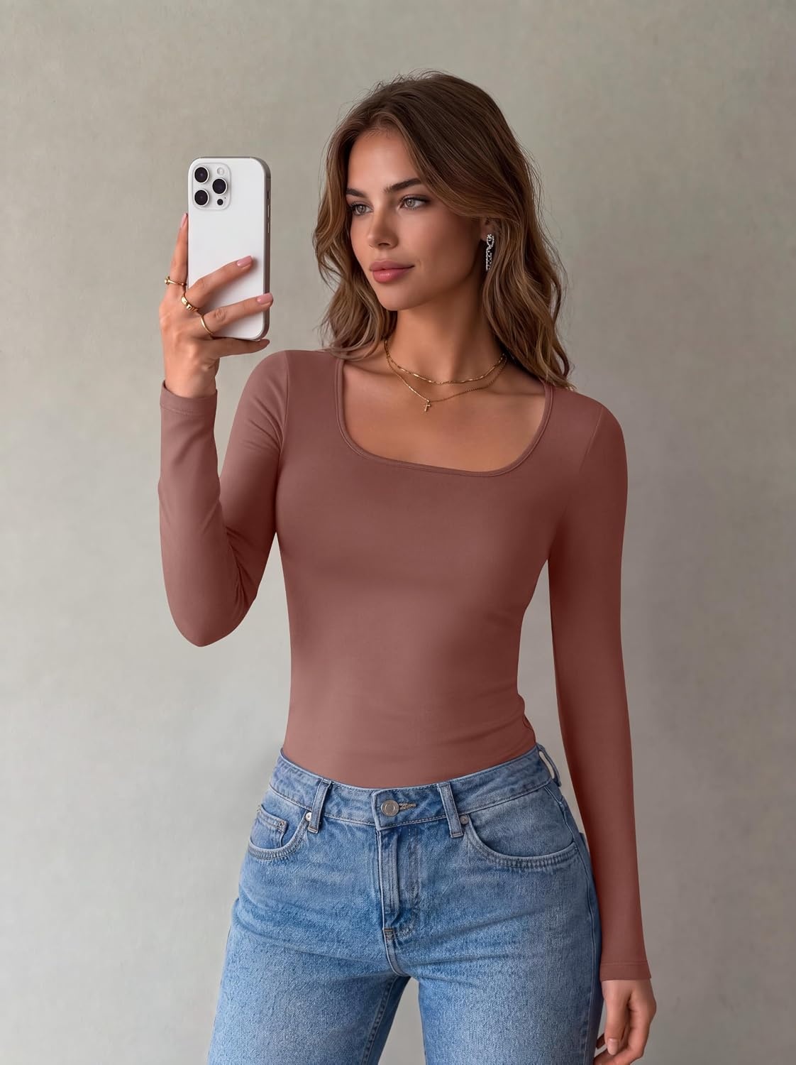 image:imageZeagoo Long Sleeve Shirts for Women Square Neck Slim Fit Top Fall Basic TeeAsh Brown