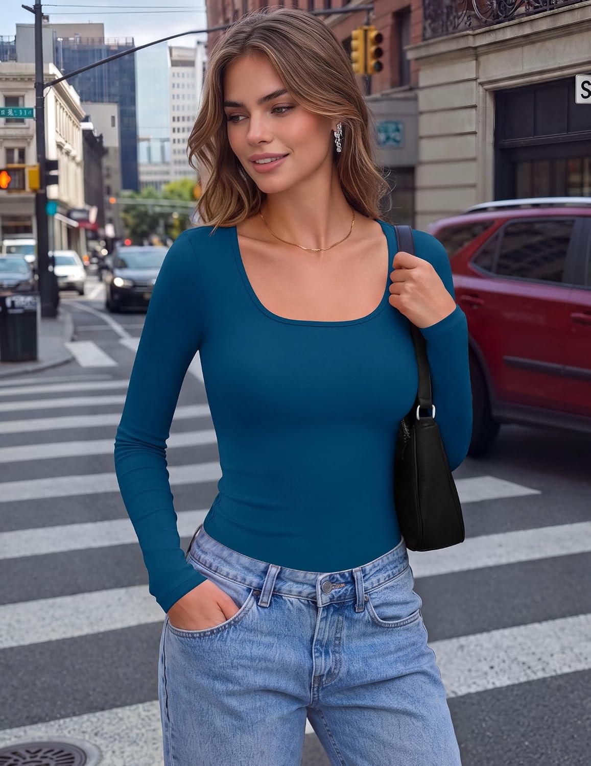image:imageZeagoo Long Sleeve Shirts for Women Square Neck Slim Fit Top Fall Basic TeeBlue
