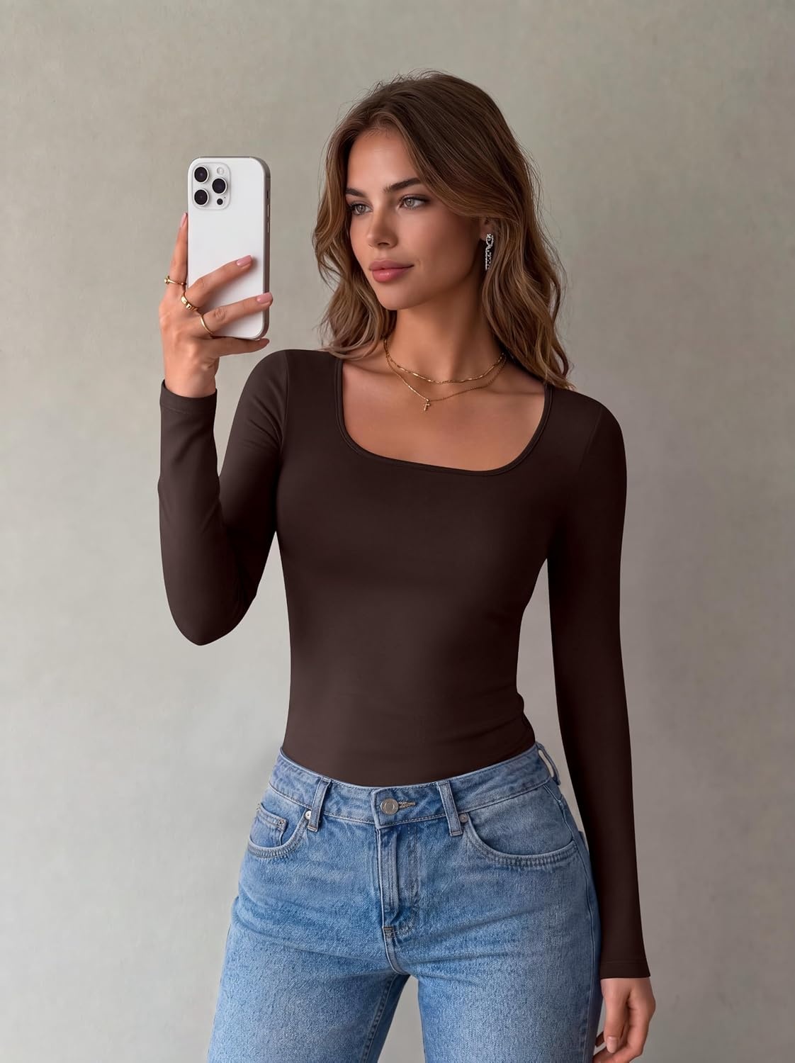image:imageZeagoo Long Sleeve Shirts for Women Square Neck Slim Fit Top Fall Basic TeeBrown