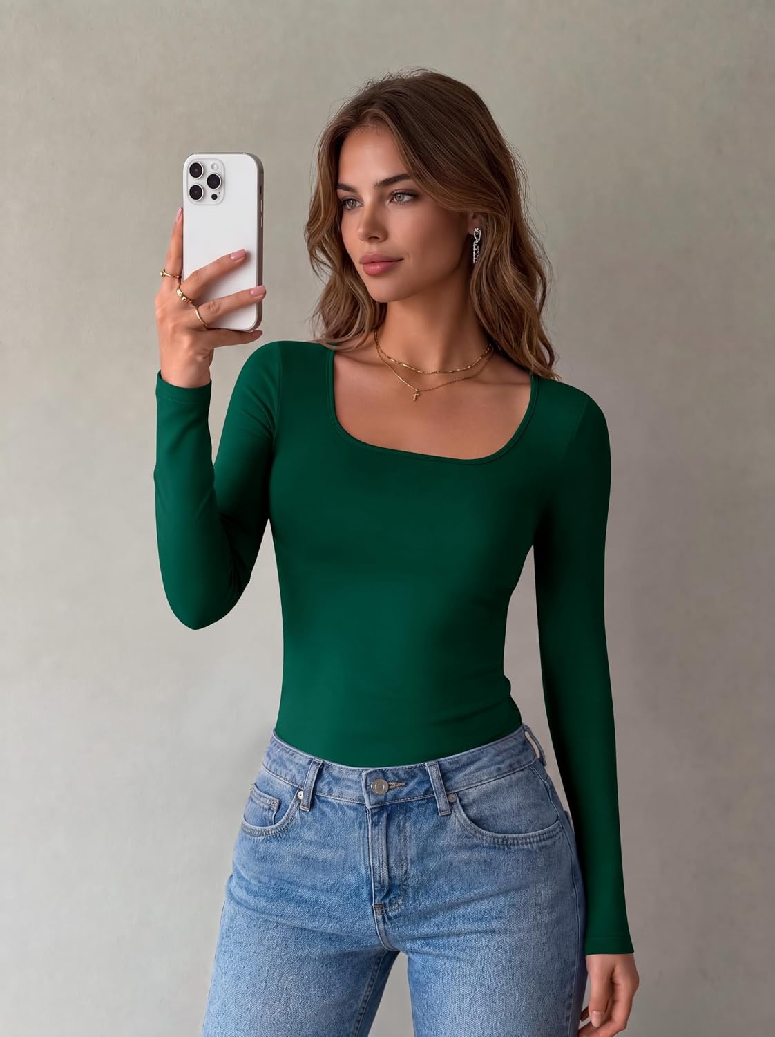 image:imageZeagoo Long Sleeve Shirts for Women Square Neck Slim Fit Top Fall Basic TeeGreen