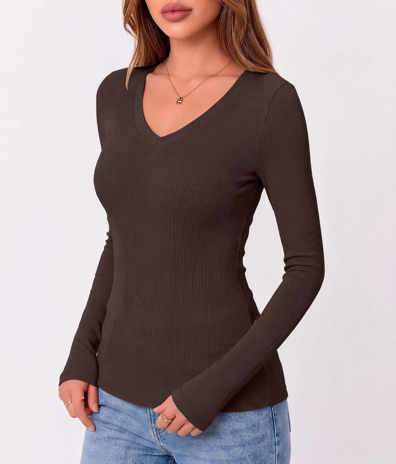 image:imageZeagoo Long Sleeve Shirts for Women V Neck Tops Ribbed Slim Fit Basic TeeBrown