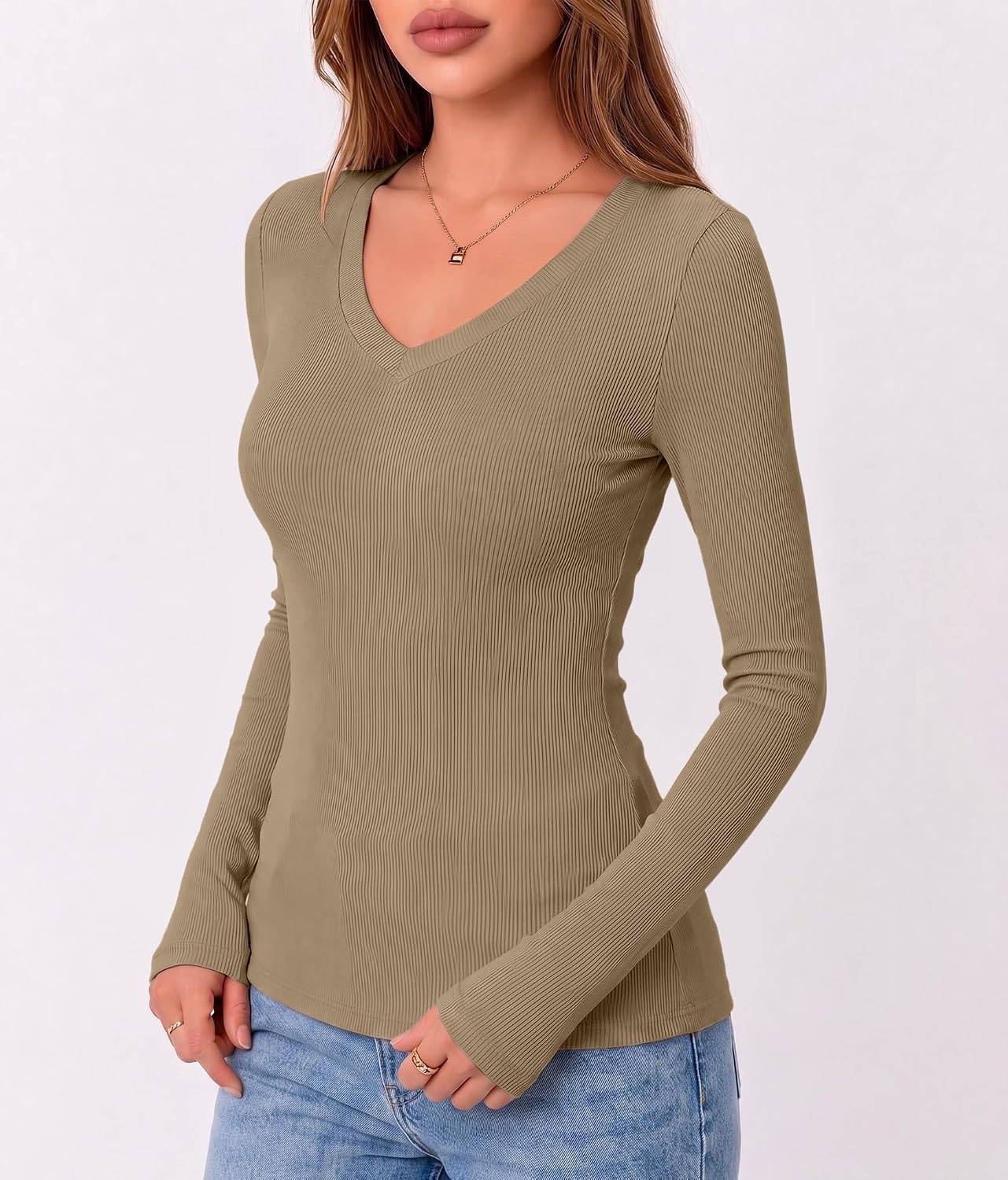 image:imageZeagoo Long Sleeve Shirts for Women V Neck Tops Ribbed Slim Fit Basic TeeKhaki