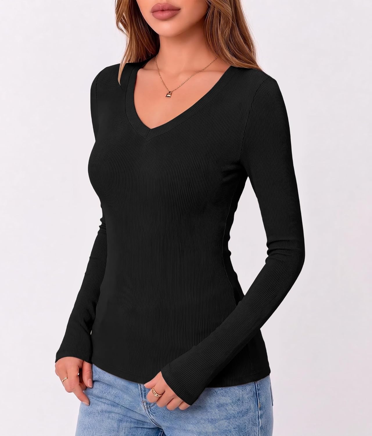 image:imageZeagoo Long Sleeve Shirts for Women V Neck Tops Ribbed Slim Fit Basic TeeZblackbeigebrown