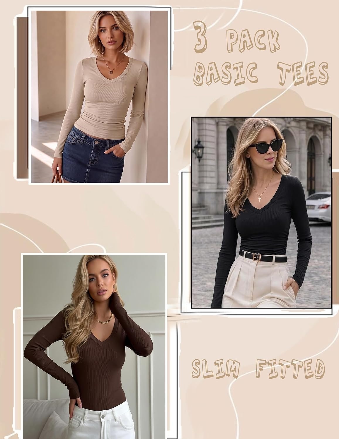 image:imageZeagoo Long Sleeve Shirts for Women V Neck Tops Ribbed Slim Fit Basic TeeZblackbeigebrown