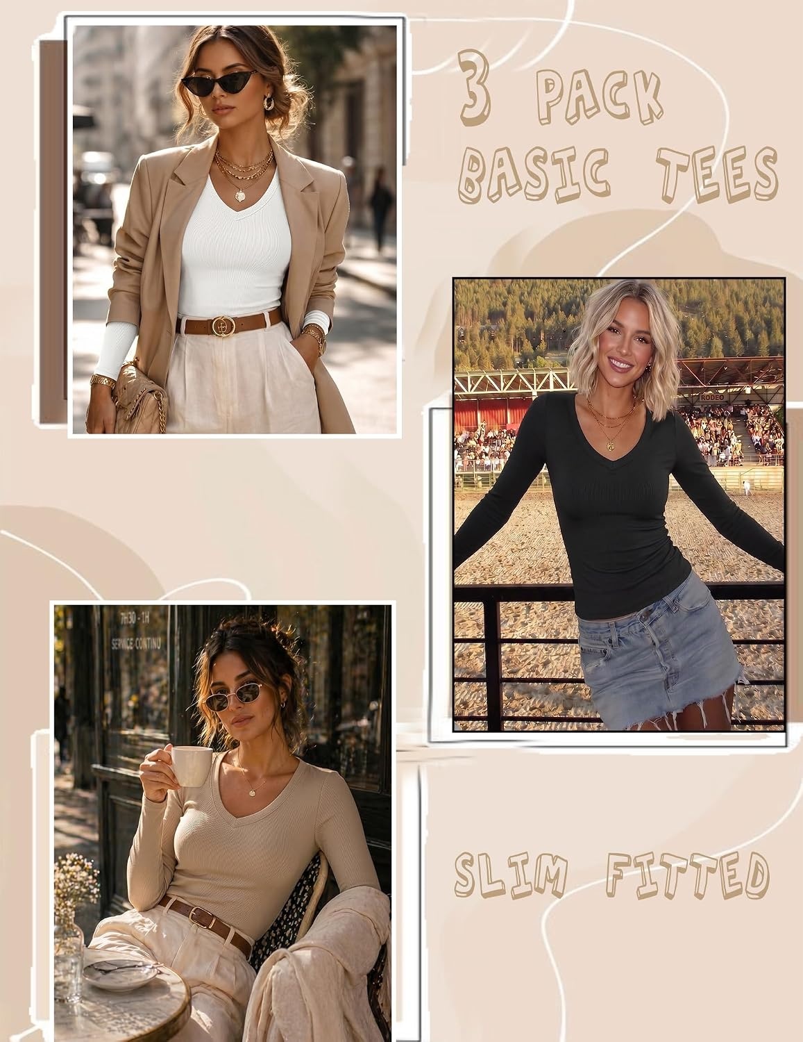 image:imageZeagoo Long Sleeve Shirts for Women V Neck Tops Ribbed Slim Fit Basic TeeZblackwhitebeige