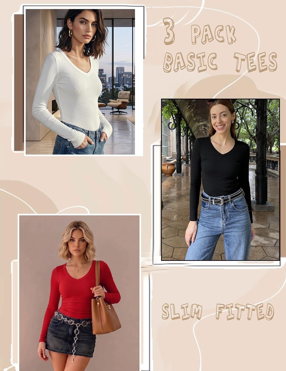 image:imageZeagoo Long Sleeve Shirts for Women V Neck Tops Ribbed Slim Fit Basic TeeZblackwhitered