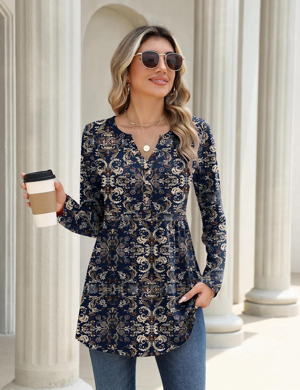 image:imageZeagoo Women Blouses Long Sleeve Top Boho Henley Vneck Pleated Fall TunicMz869