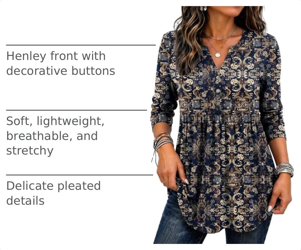 image:imageZeagoo Women Blouses Long Sleeve Top Boho Henley Vneck Pleated Fall TunicMz869