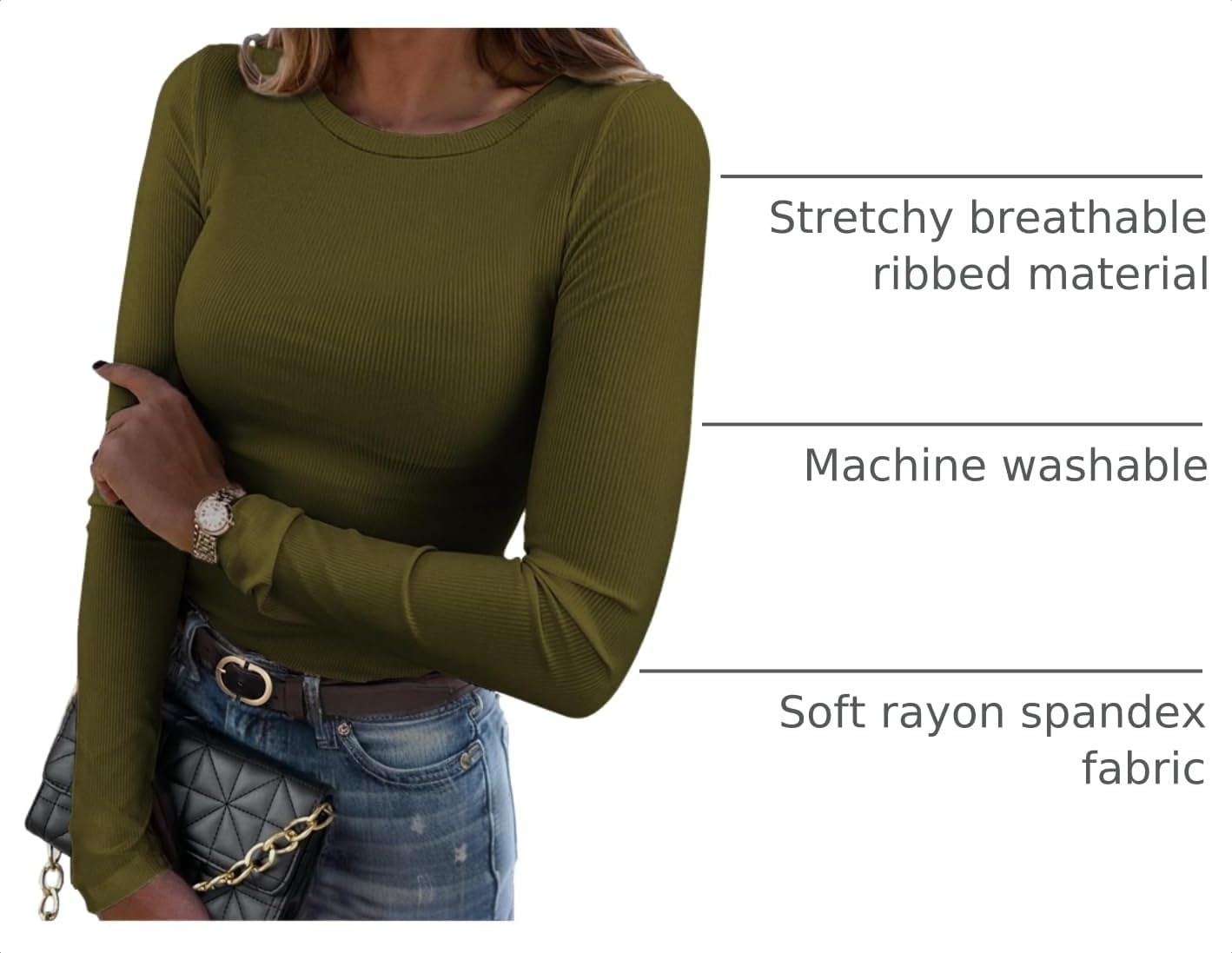 image:imageZeagoo Women Long Sleeve Shirts Ribbed Slim Fit Tops Crewneck Basic TeeArmy Green
