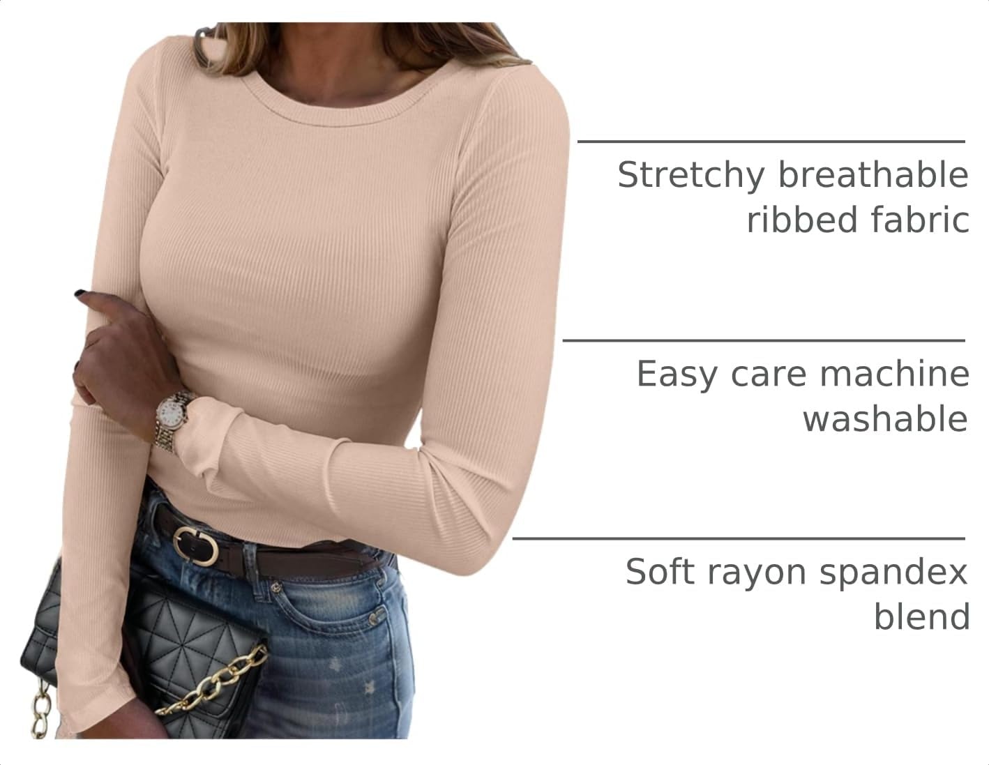 image:imageZeagoo Women Long Sleeve Shirts Ribbed Slim Fit Tops Crewneck Basic TeeBeige