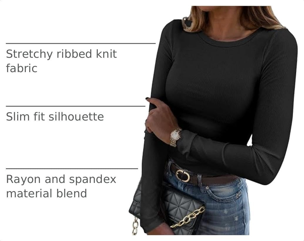 image:imageZeagoo Women Long Sleeve Shirts Ribbed Slim Fit Tops Crewneck Basic TeeBlack