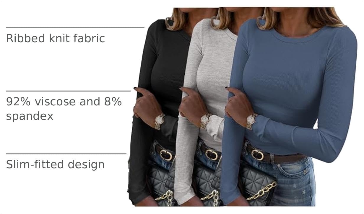 image:imageZeagoo Women Long Sleeve Shirts Ribbed Slim Fit Tops Crewneck Basic TeeBlackgreydark Blue