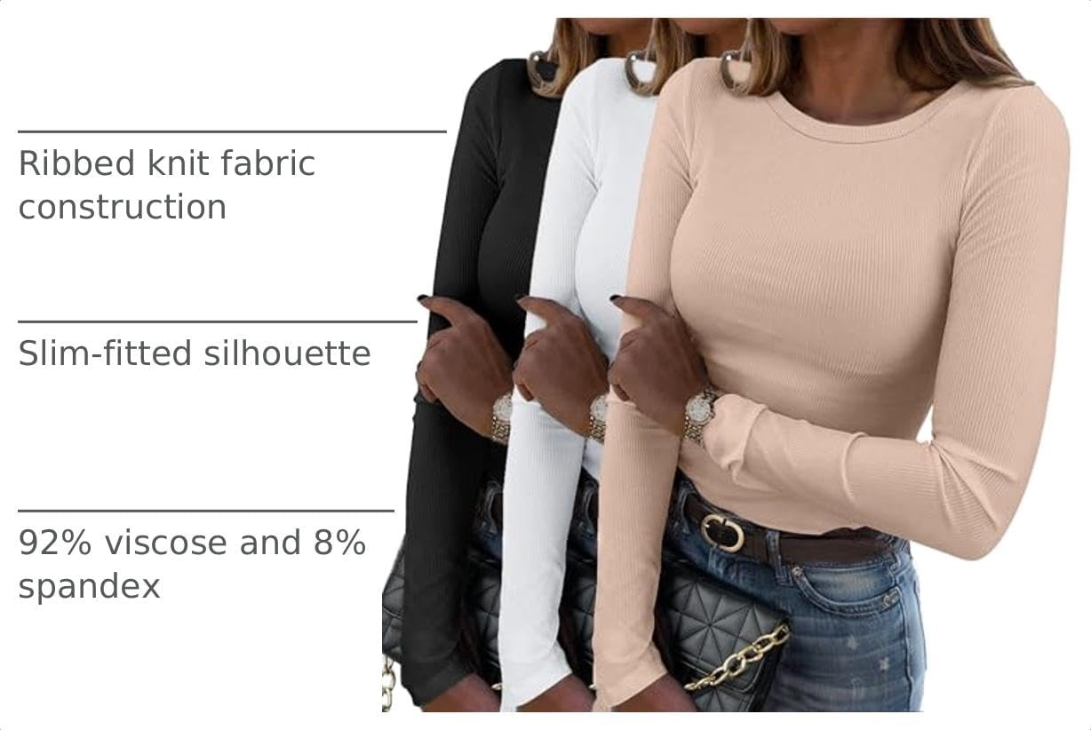image:imageZeagoo Women Long Sleeve Shirts Ribbed Slim Fit Tops Crewneck Basic TeeBlackwhitebeige