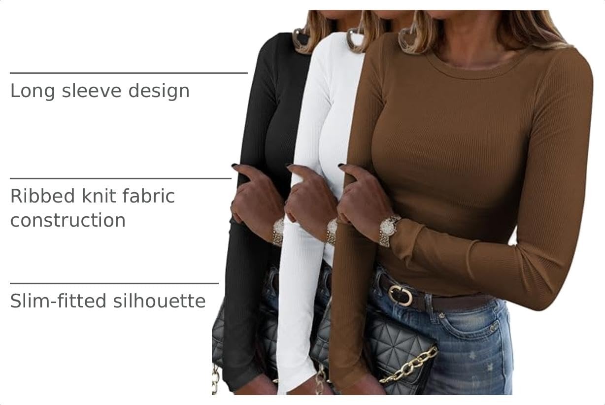 image:imageZeagoo Women Long Sleeve Shirts Ribbed Slim Fit Tops Crewneck Basic TeeBlackwhitebrown