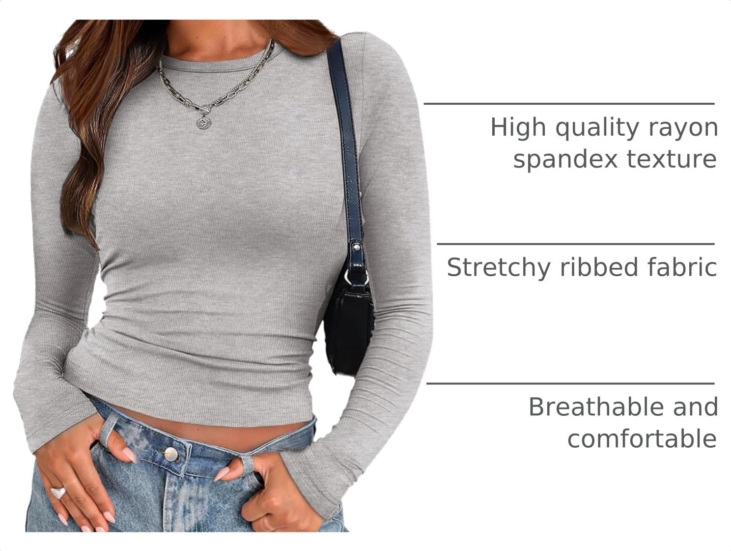 image:imageZeagoo Women Long Sleeve Shirts Ribbed Slim Fit Tops Crewneck Basic TeeBlackwhitegrey