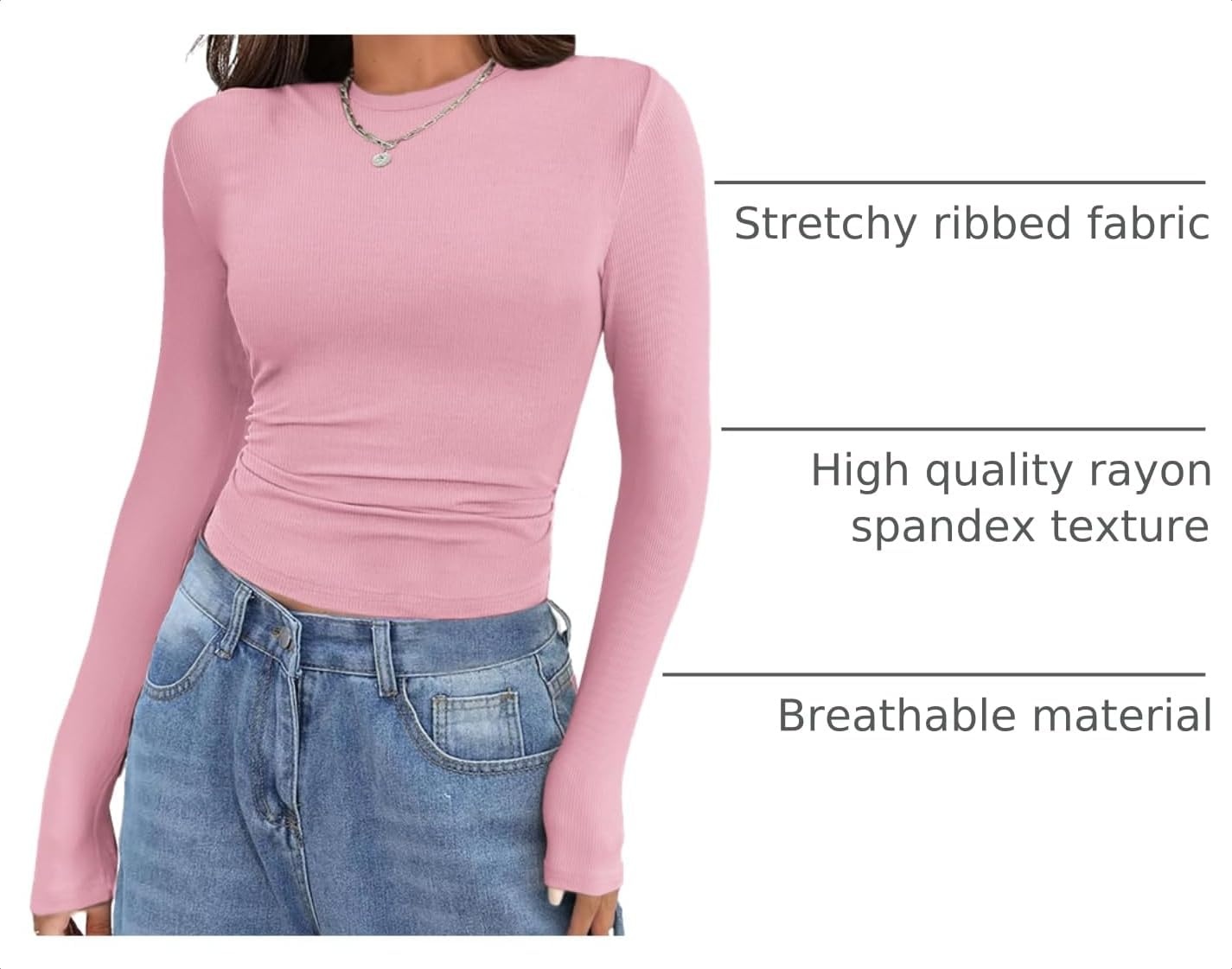 image:imageZeagoo Women Long Sleeve Shirts Ribbed Slim Fit Tops Crewneck Basic TeeBlackwhitepink