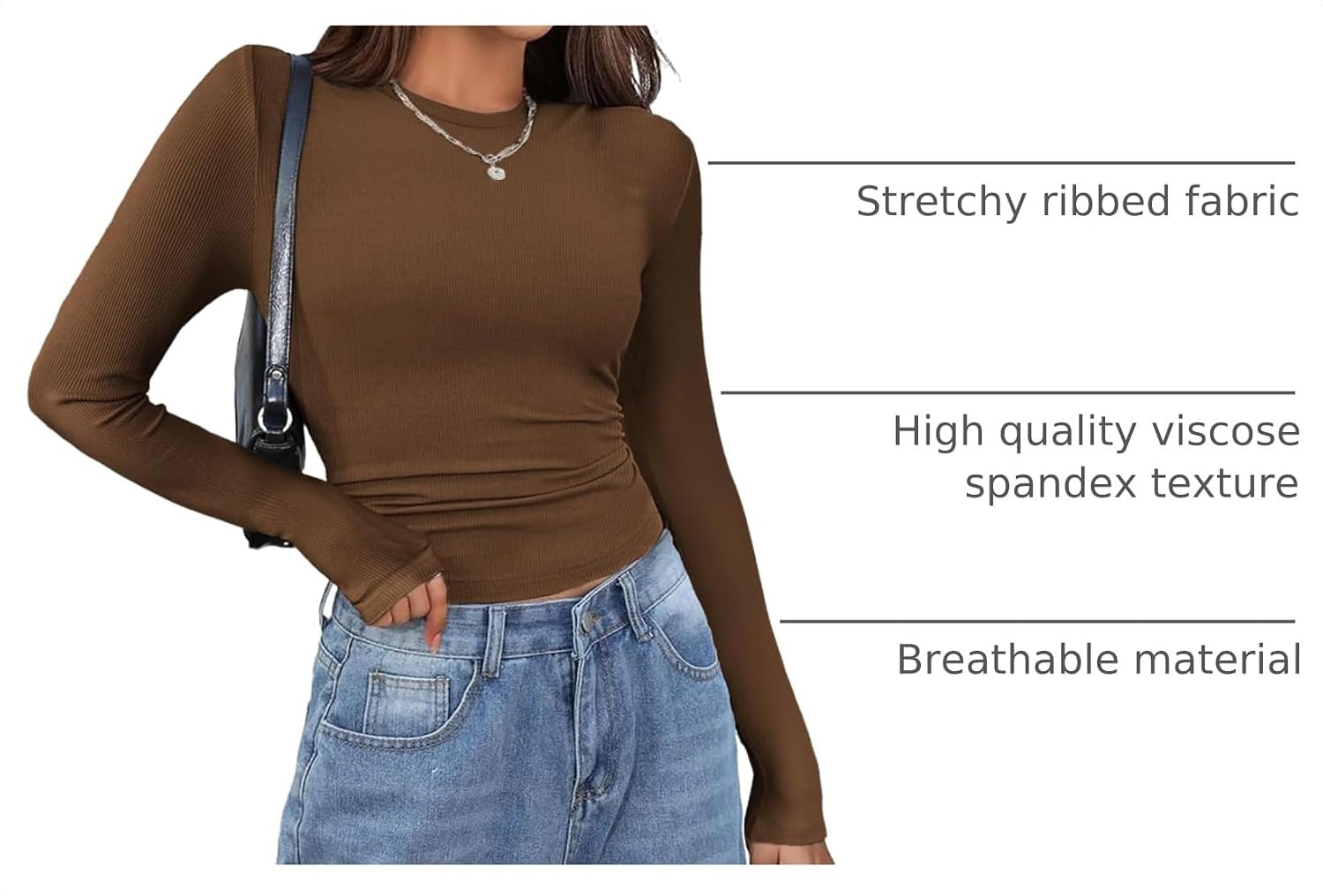 image:imageZeagoo Women Long Sleeve Shirts Ribbed Slim Fit Tops Crewneck Basic TeeBrown