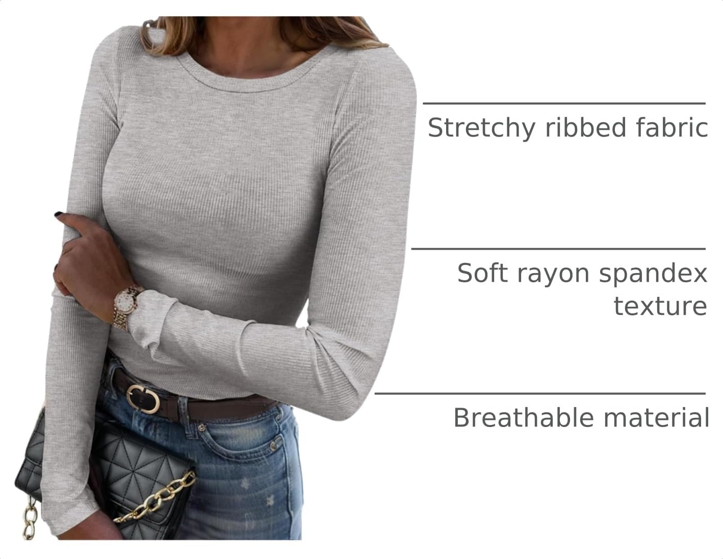 image:imageZeagoo Women Long Sleeve Shirts Ribbed Slim Fit Tops Crewneck Basic TeeGrey
