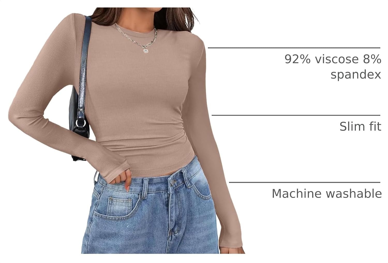 image:imageZeagoo Women Long Sleeve Shirts Ribbed Slim Fit Tops Crewneck Basic TeeLight Khaki