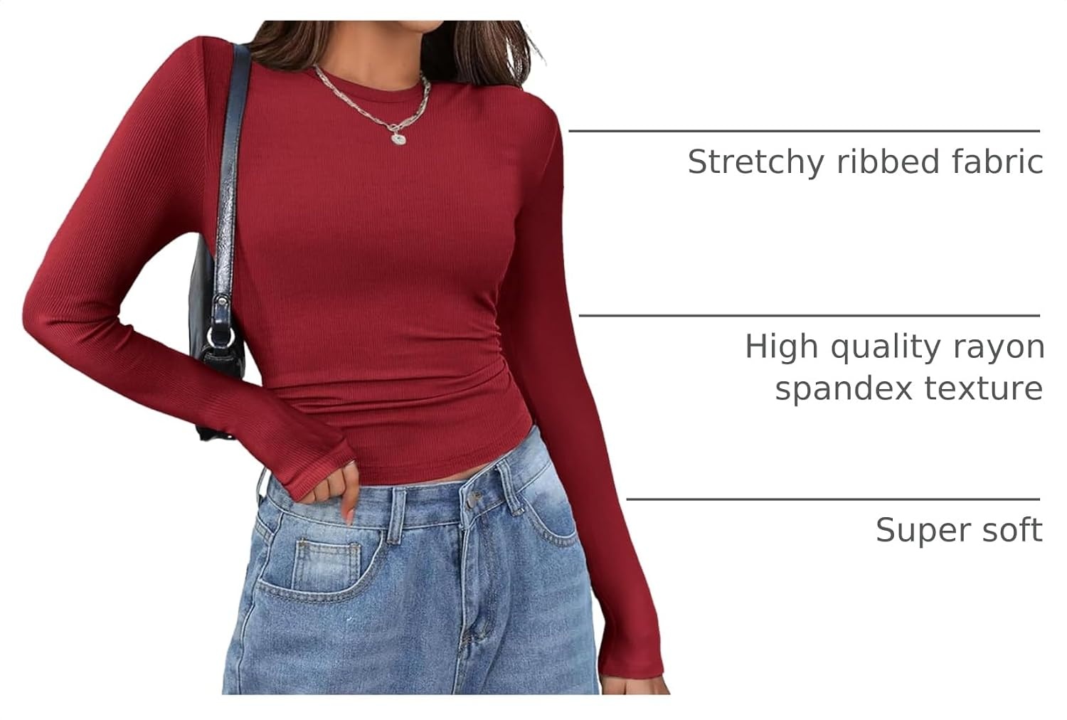 image:imageZeagoo Women Long Sleeve Shirts Ribbed Slim Fit Tops Crewneck Basic TeeWine Red