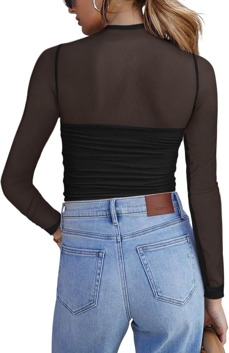 image:imageZeagoo Womens Mesh Long Sleeve Tops Mock Neck Ruched Sheer Blouse S2XLBlack