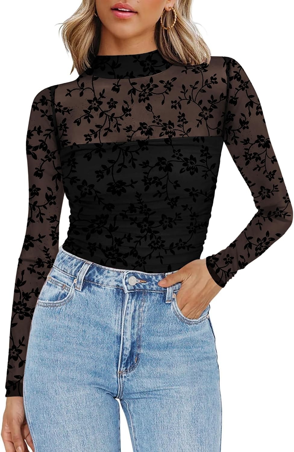 image:imageZeagoo Womens Mesh Long Sleeve Tops Mock Neck Ruched Sheer Blouse S2XLBlack Floral