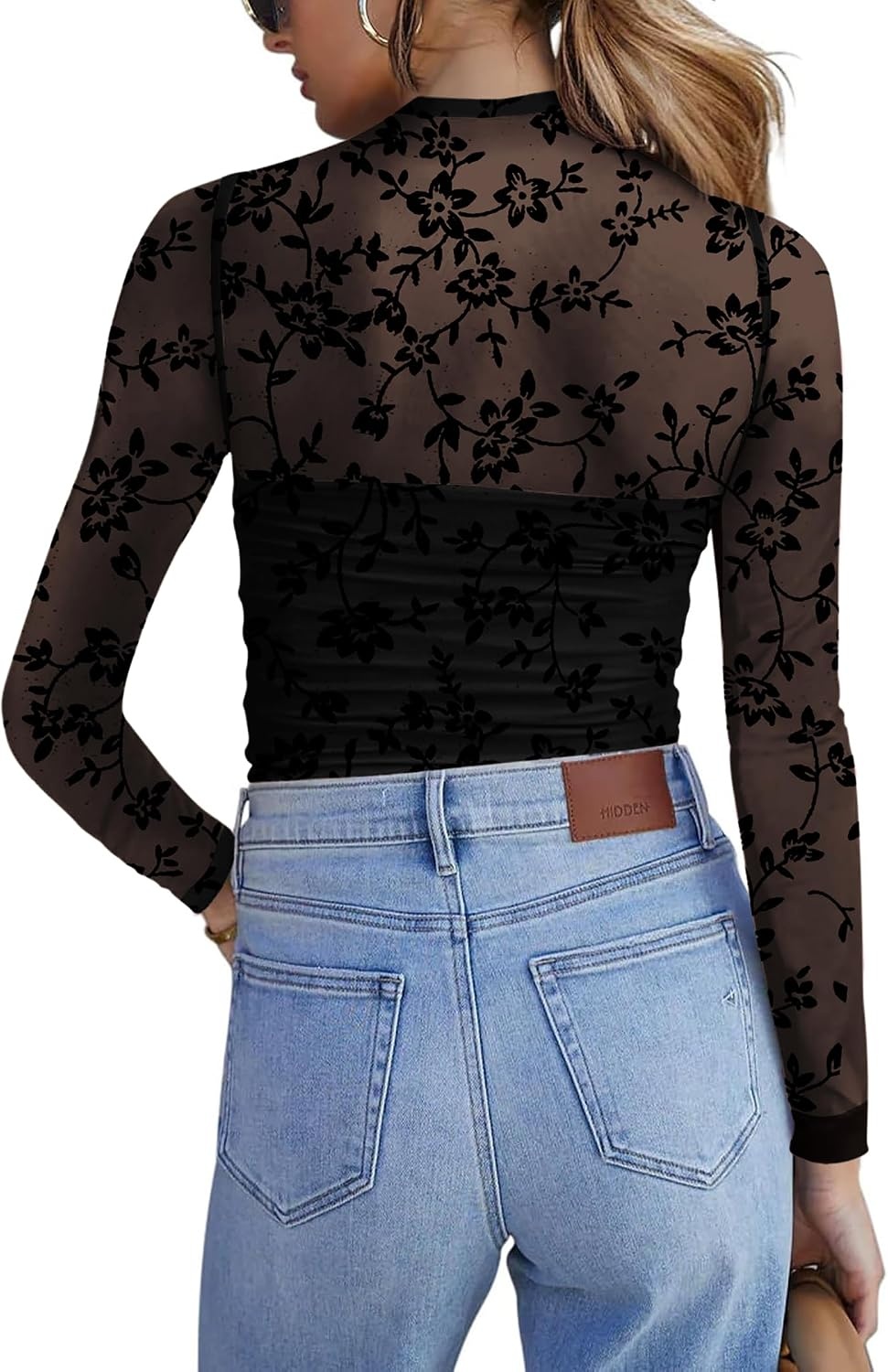 image:imageZeagoo Womens Mesh Long Sleeve Tops Mock Neck Ruched Sheer Blouse S2XLBlack Floral