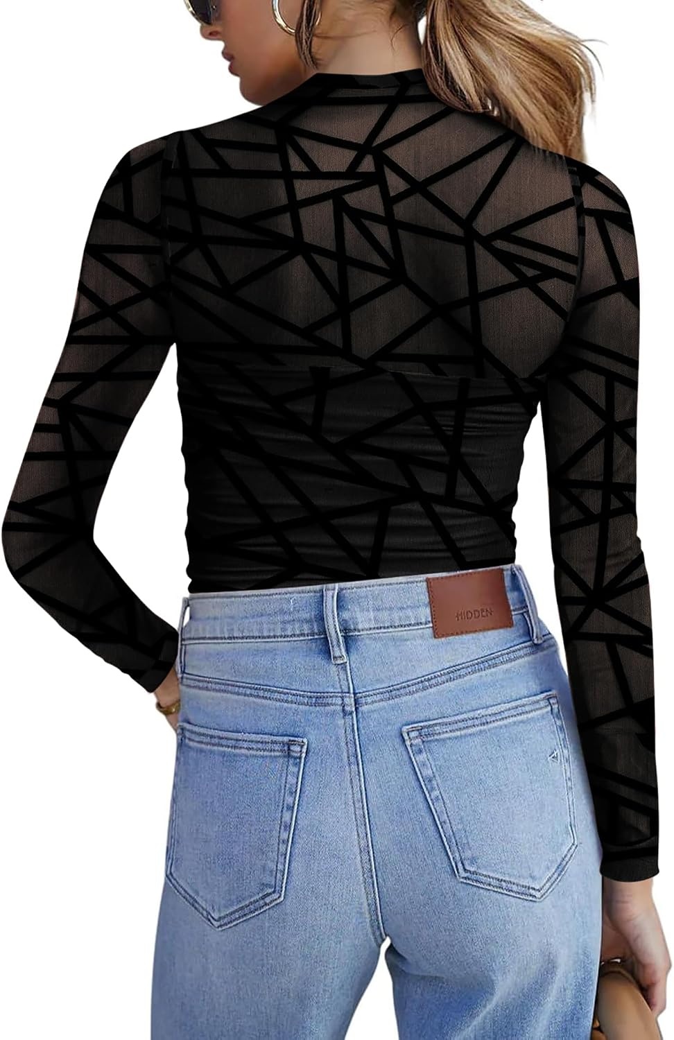image:imageZeagoo Womens Mesh Long Sleeve Tops Mock Neck Ruched Sheer Blouse S2XLBlack Grid