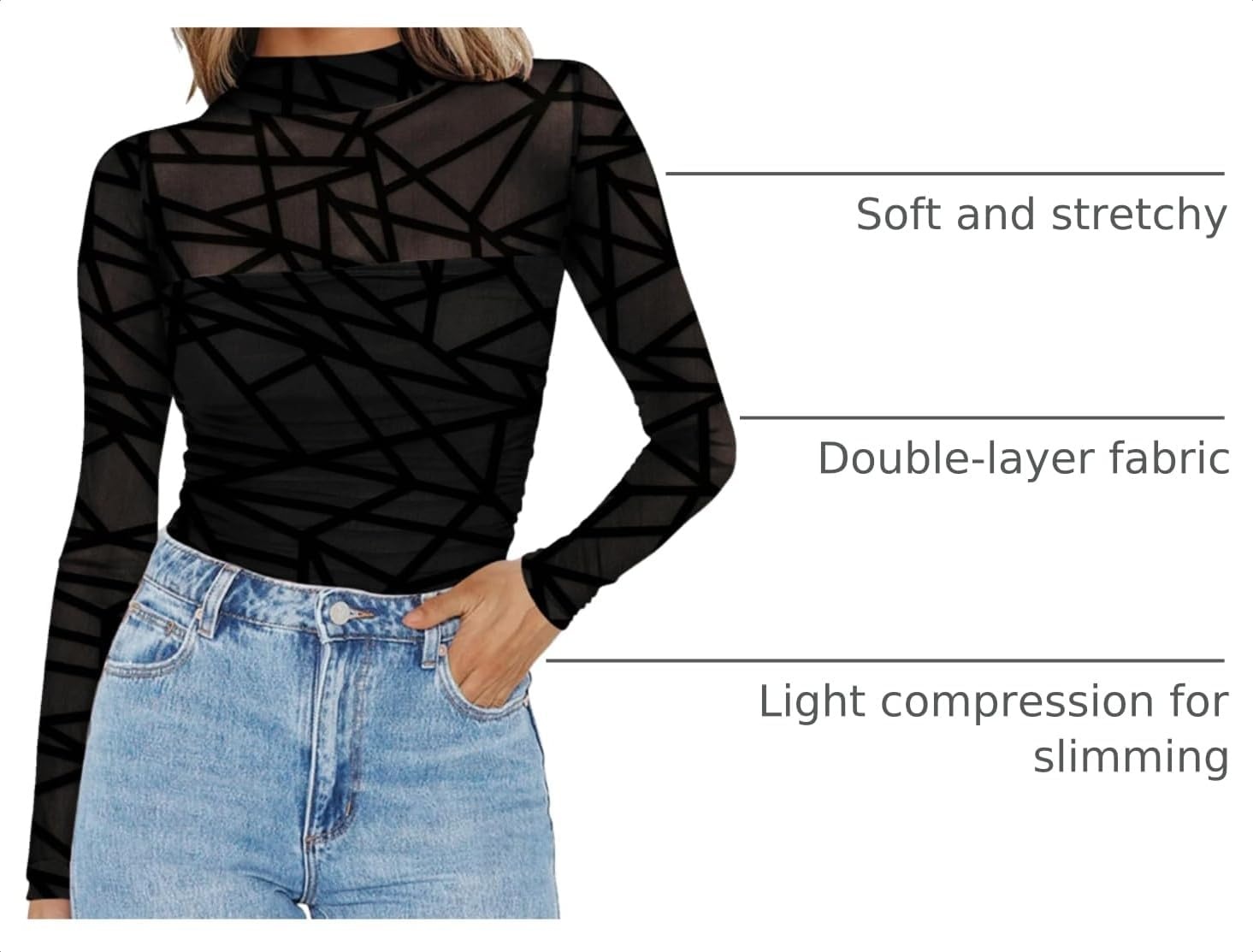 image:imageZeagoo Womens Mesh Long Sleeve Tops Mock Neck Ruched Sheer Blouse S2XLBlack Grid