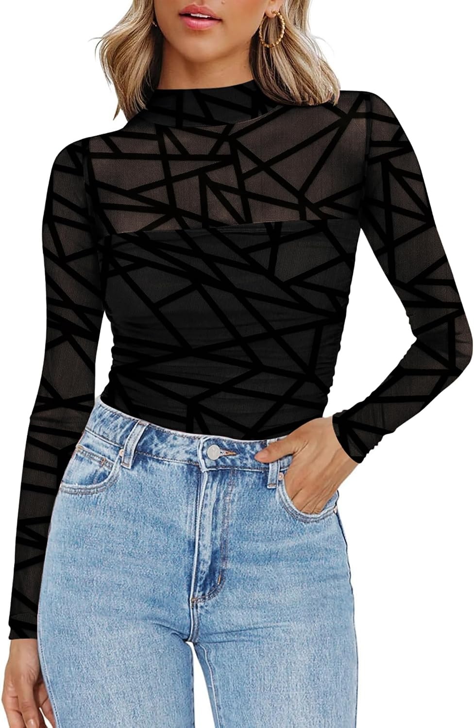image:imageZeagoo Womens Mesh Long Sleeve Tops Mock Neck Ruched Sheer Blouse S2XLBlack Grid