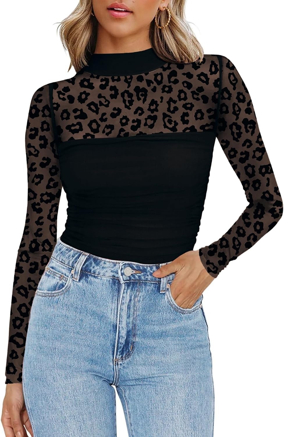 image:imageZeagoo Womens Mesh Long Sleeve Tops Mock Neck Ruched Sheer Blouse S2XLBlack Leopard