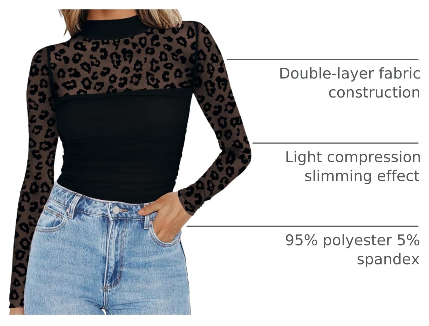 image:imageZeagoo Womens Mesh Long Sleeve Tops Mock Neck Ruched Sheer Blouse S2XLBlack Leopard
