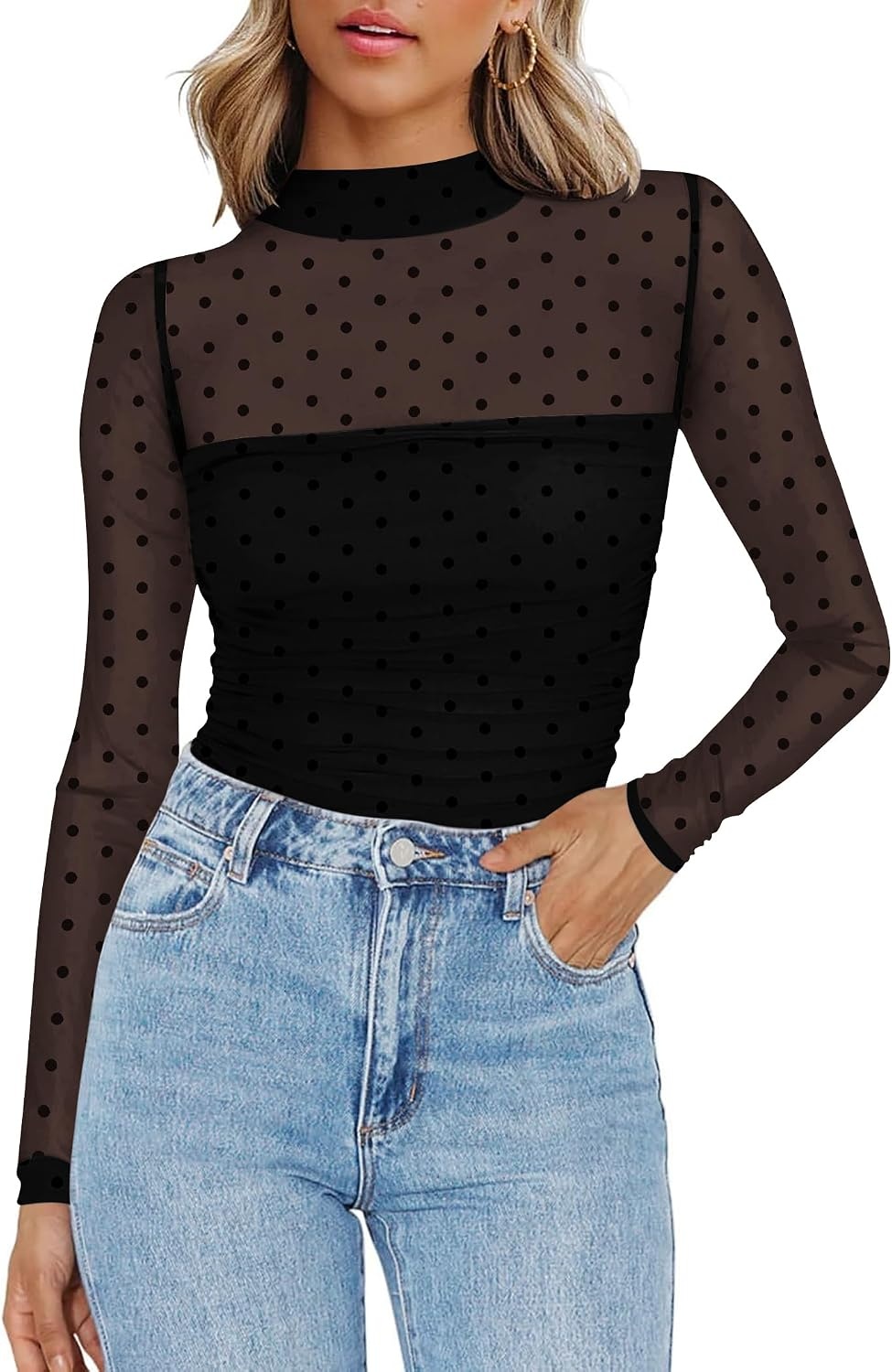 image:imageZeagoo Womens Mesh Long Sleeve Tops Mock Neck Ruched Sheer Blouse S2XLBlack Polka Dots