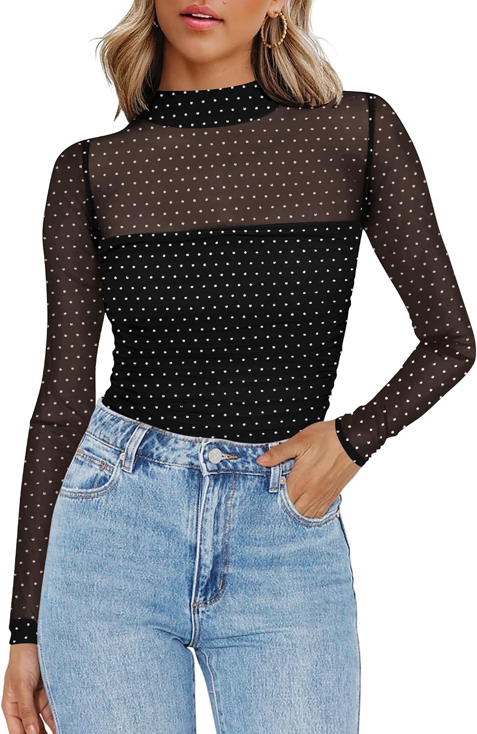 image:imageZeagoo Womens Mesh Long Sleeve Tops Mock Neck Ruched Sheer Blouse S2XLBlack Sparkle
