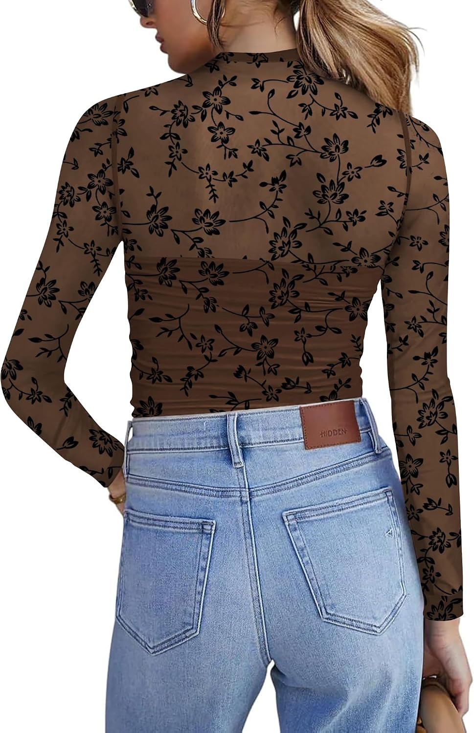 image:imageZeagoo Womens Mesh Long Sleeve Tops Mock Neck Ruched Sheer Blouse S2XLBrown Floral