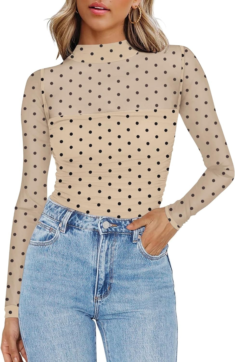 image:imageZeagoo Womens Mesh Long Sleeve Tops Mock Neck Ruched Sheer Blouse S2XLCream Polka Dots