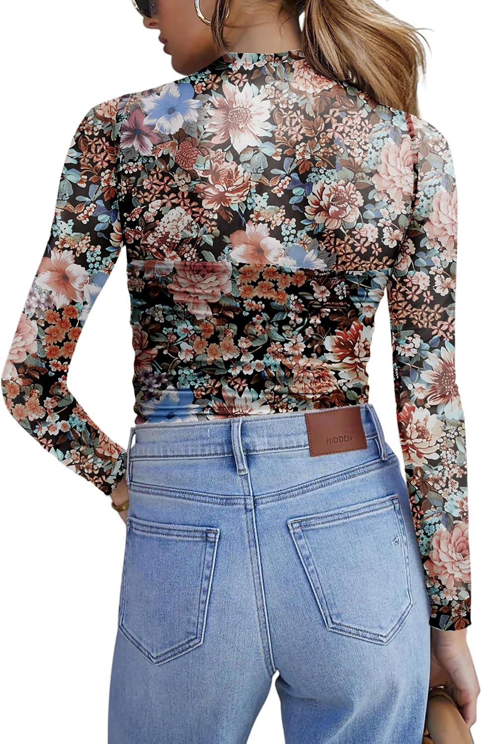 image:imageZeagoo Womens Mesh Long Sleeve Tops Mock Neck Ruched Sheer Blouse S2XLFloral Print