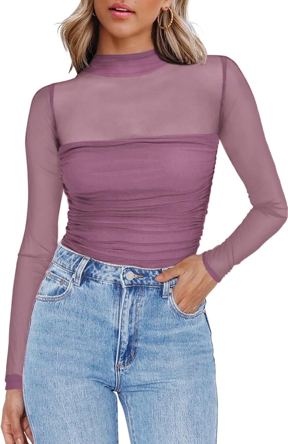 image:imageZeagoo Womens Mesh Long Sleeve Tops Mock Neck Ruched Sheer Blouse S2XLFuchsia