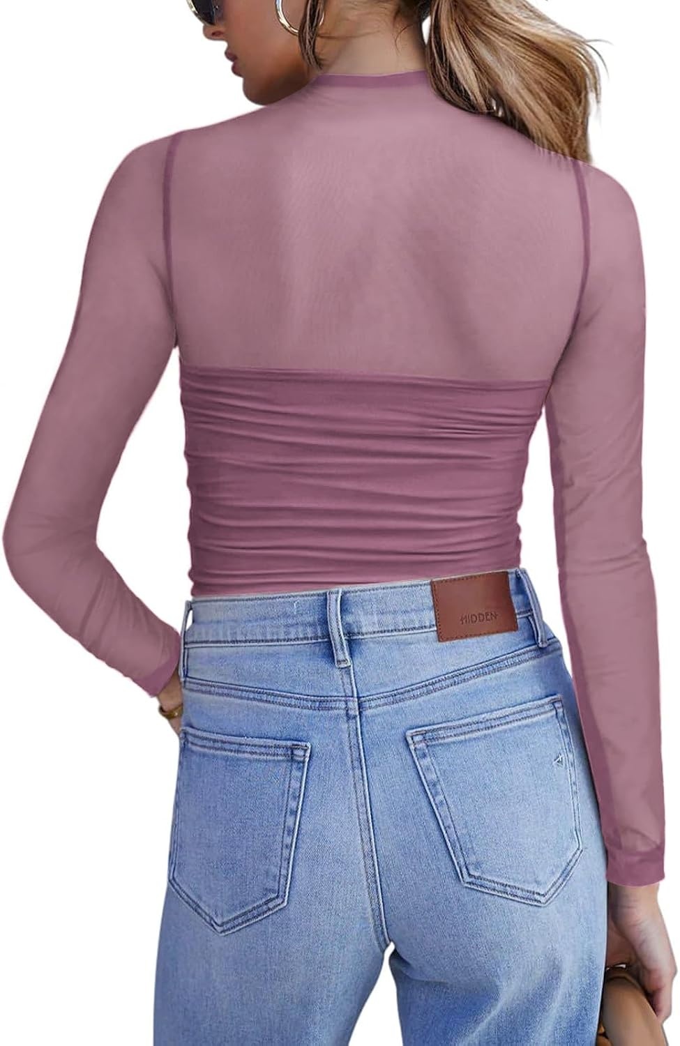 image:imageZeagoo Womens Mesh Long Sleeve Tops Mock Neck Ruched Sheer Blouse S2XLFuchsia