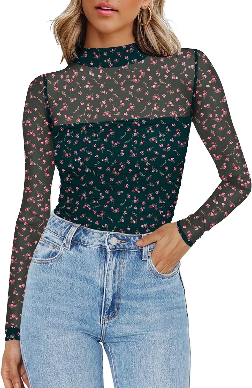 image:imageZeagoo Womens Mesh Long Sleeve Tops Mock Neck Ruched Sheer Blouse S2XLGreen Floral