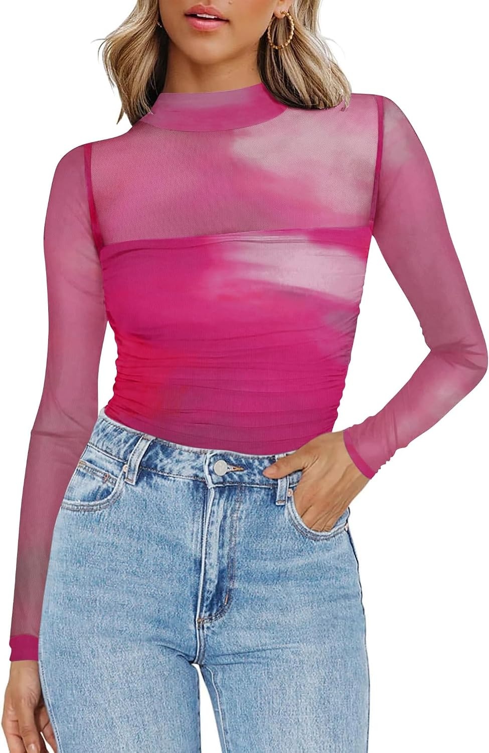 image:imageZeagoo Womens Mesh Long Sleeve Tops Mock Neck Ruched Sheer Blouse S2XLHot Pink Tie Dye