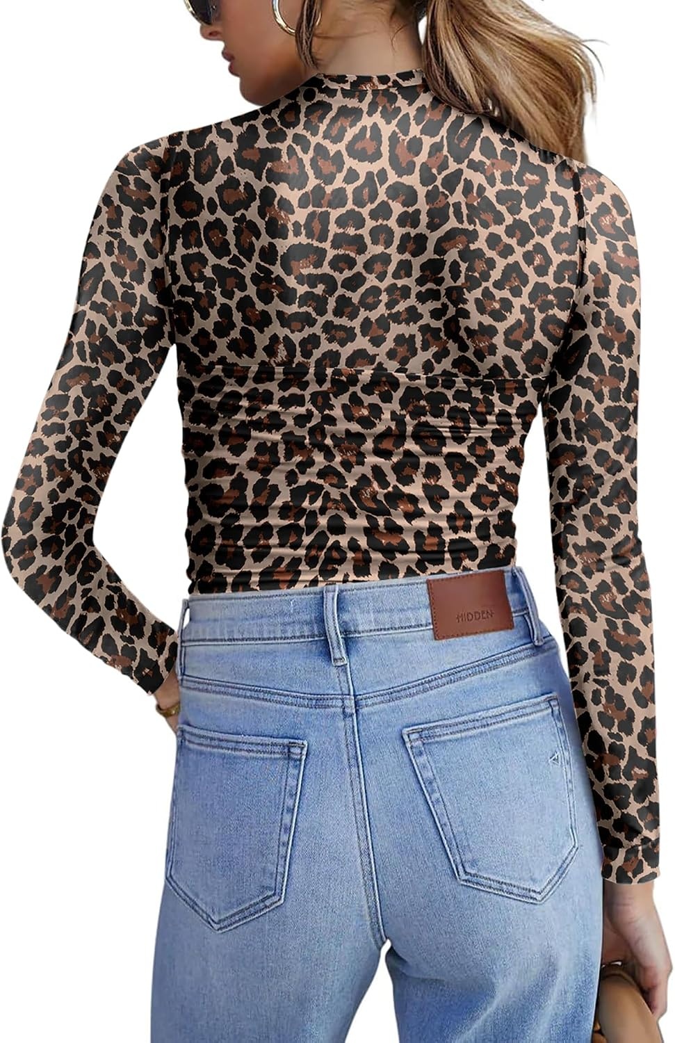 image:imageZeagoo Womens Mesh Long Sleeve Tops Mock Neck Ruched Sheer Blouse S2XLLeopard