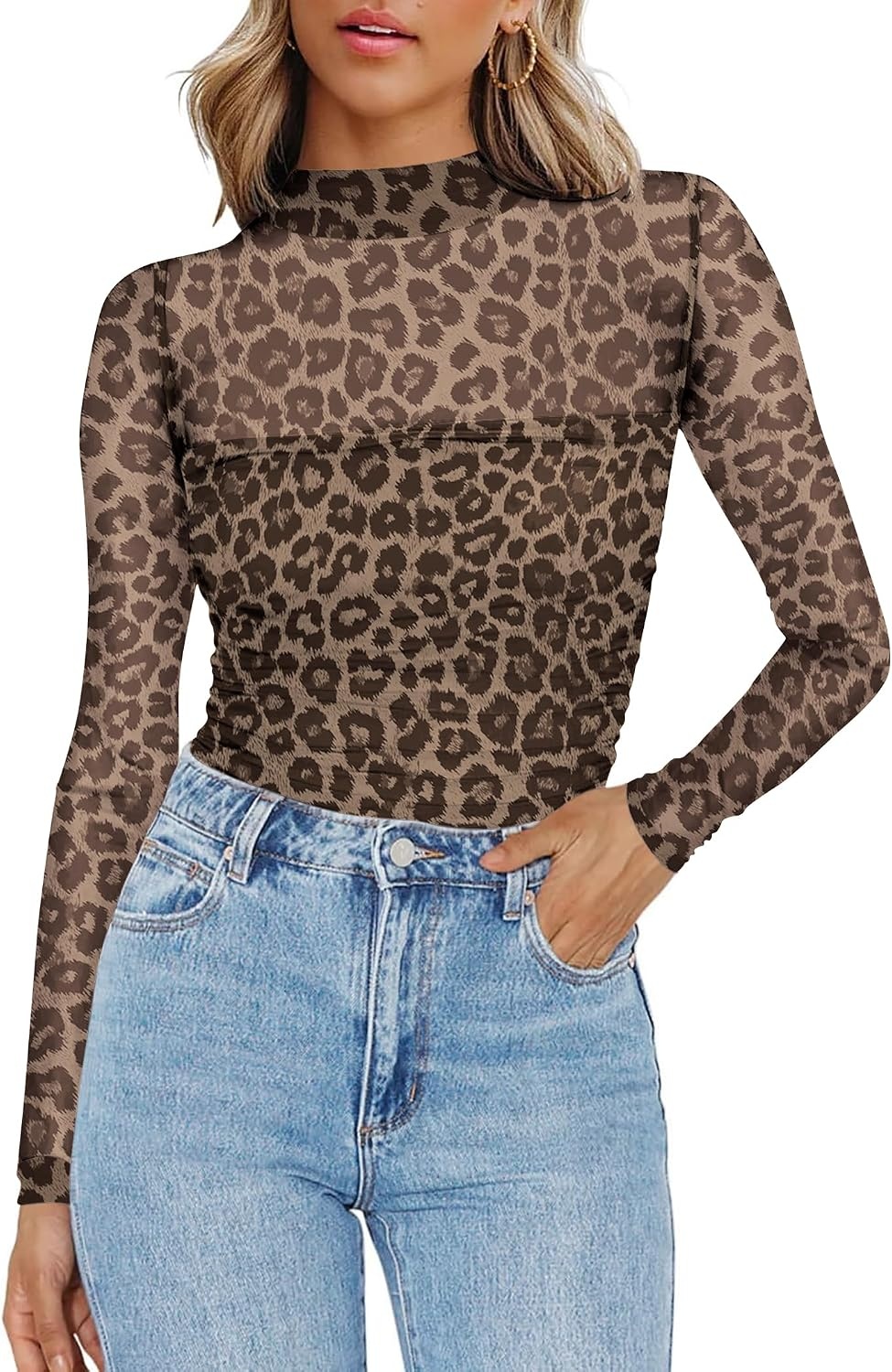 image:imageZeagoo Womens Mesh Long Sleeve Tops Mock Neck Ruched Sheer Blouse S2XLNew Leopard