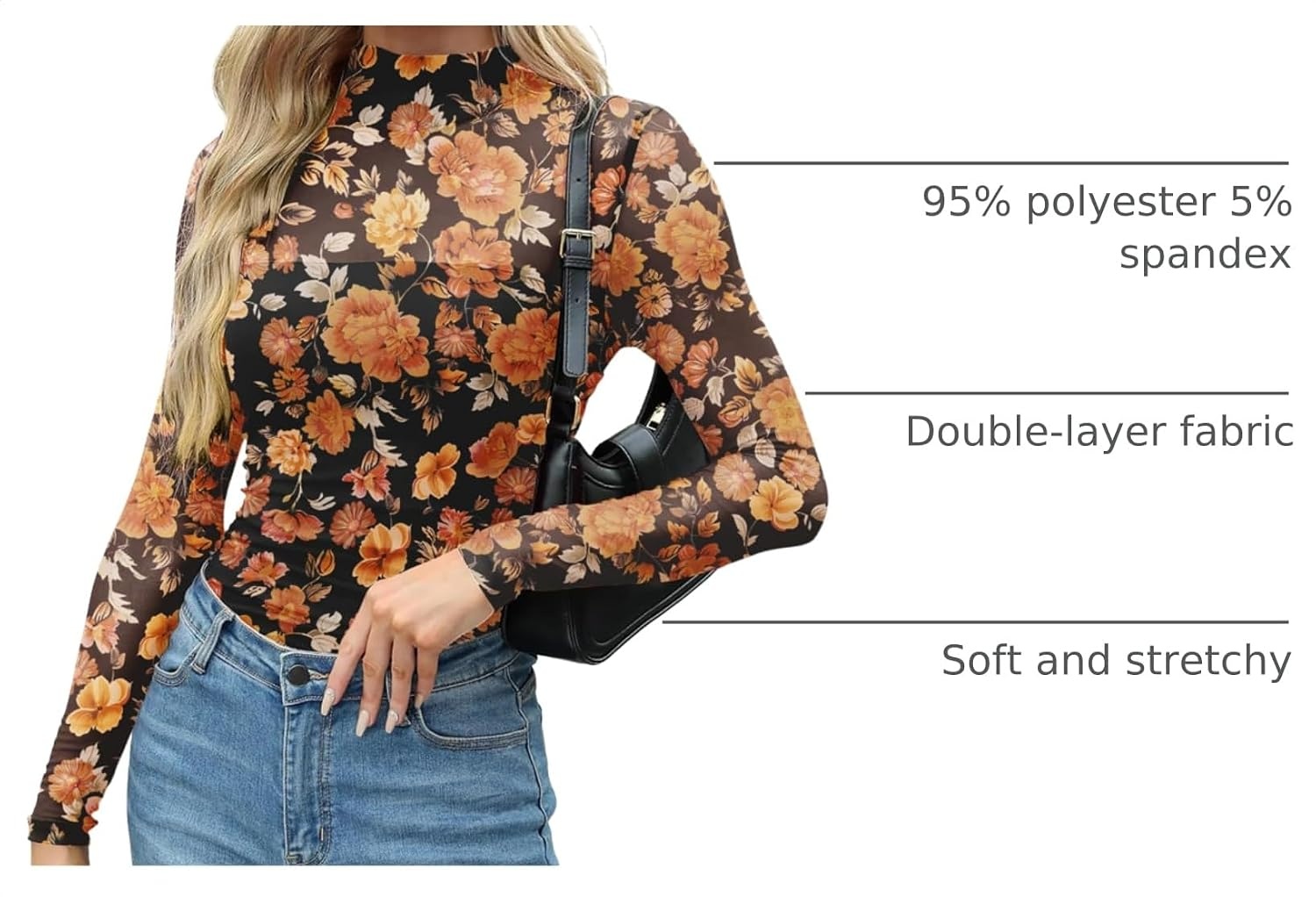 image:imageZeagoo Womens Mesh Long Sleeve Tops Mock Neck Ruched Sheer Blouse S2XLOrange Floral