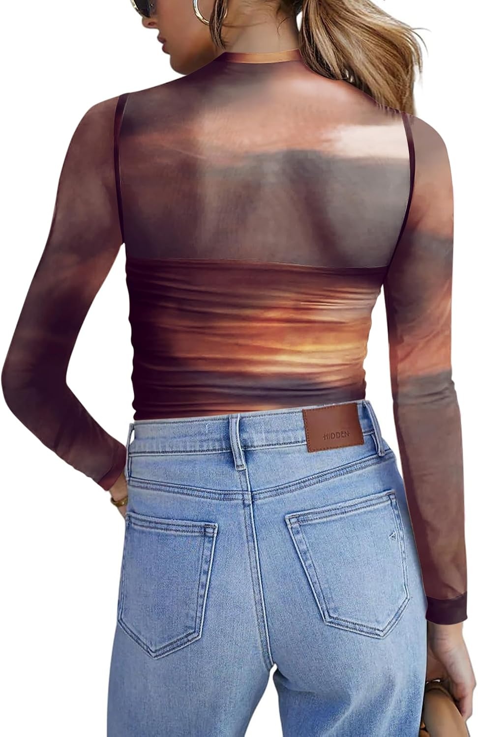 image:imageZeagoo Womens Mesh Long Sleeve Tops Mock Neck Ruched Sheer Blouse S2XLTie Dye Print