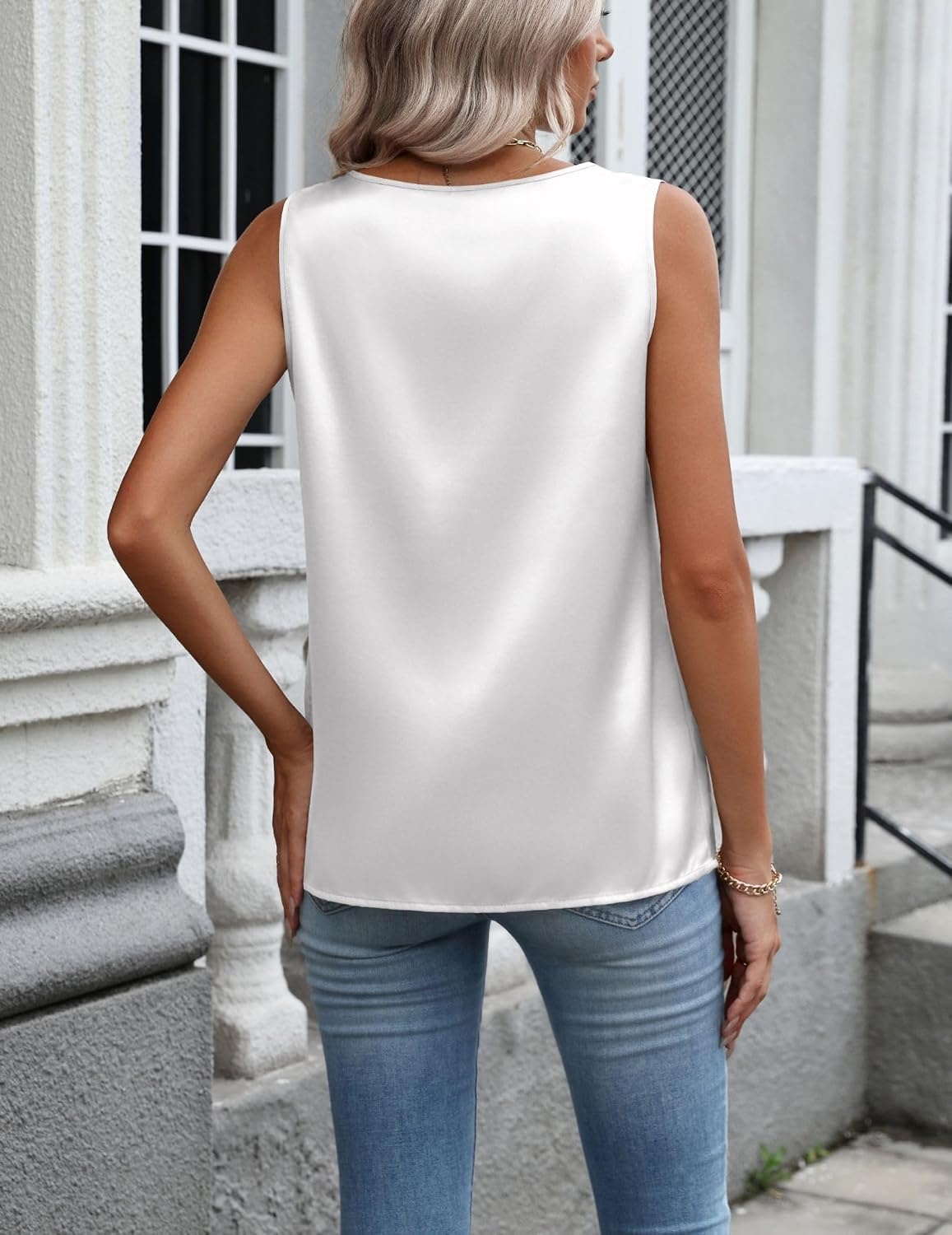 image:imageZeagoo Womens Satin Tank Top Pleated Sleeveless Blouse Dressy Casual TopsAawhite
